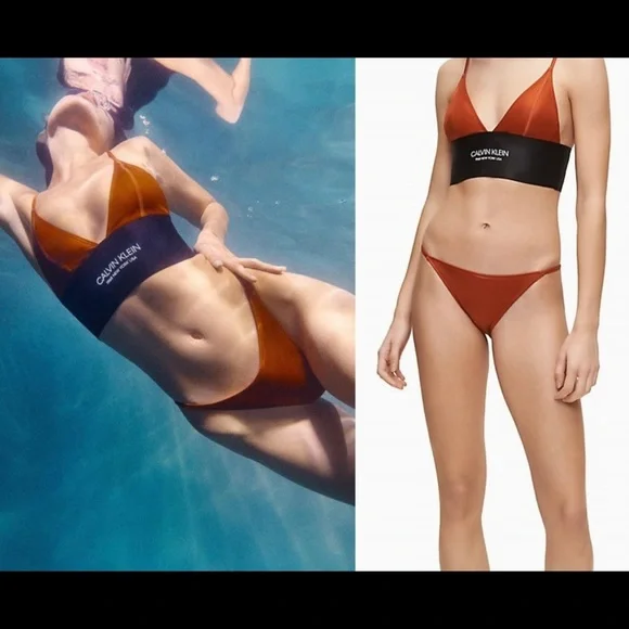 Bella Hadid - The Calvin Klein Plunge V-Neck One-Piece Bikini in Burnt Orange - Picture 2 of 3